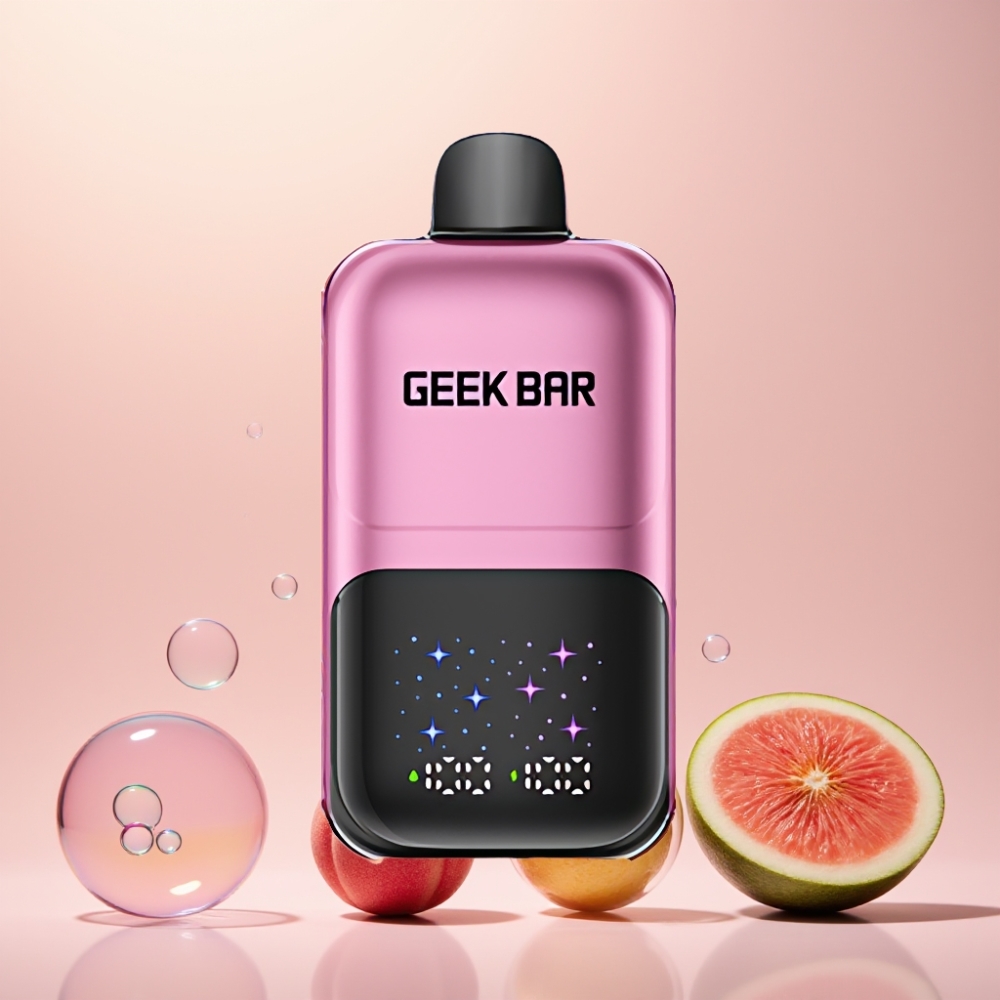 GEEKBAR 2GO 50000 Puffs Interaktiv Stor Skærm 3-niveau Justerbar Smag/Kølighed 20mL Dual Tanks Peach & Vandmelon Engros Danmark