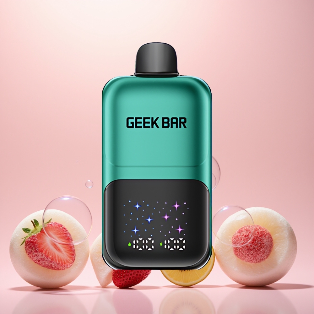 GEEKBAR 2GO 50000 Puffs Interaktiv Stor Skærm 3-niveau Justerbar Smag/Kølighed Dual Tanke 20mL 5% Nikotinsalt Opladelig Jordbær & Kiwi Engros Danmark