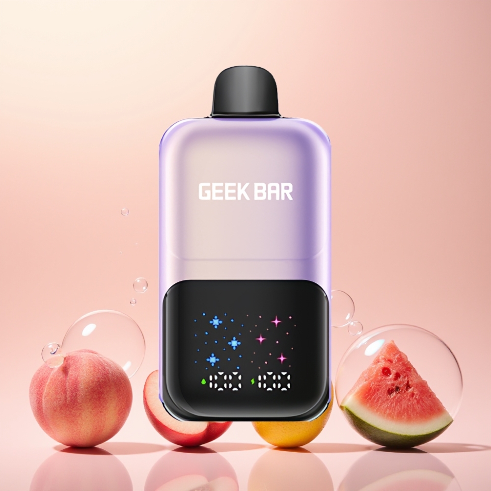 GEEKBAR 2GO 50000 Puffs Interaktiv Stor Skærm 3-niveau Justerbar Smag/Kølighed Dual Tanks 20mL 5% Nikotinsalt Peach Mango Vandmelon Is 20mL 50000 Puffs 5% Nikotinsalt Engros Danmark
