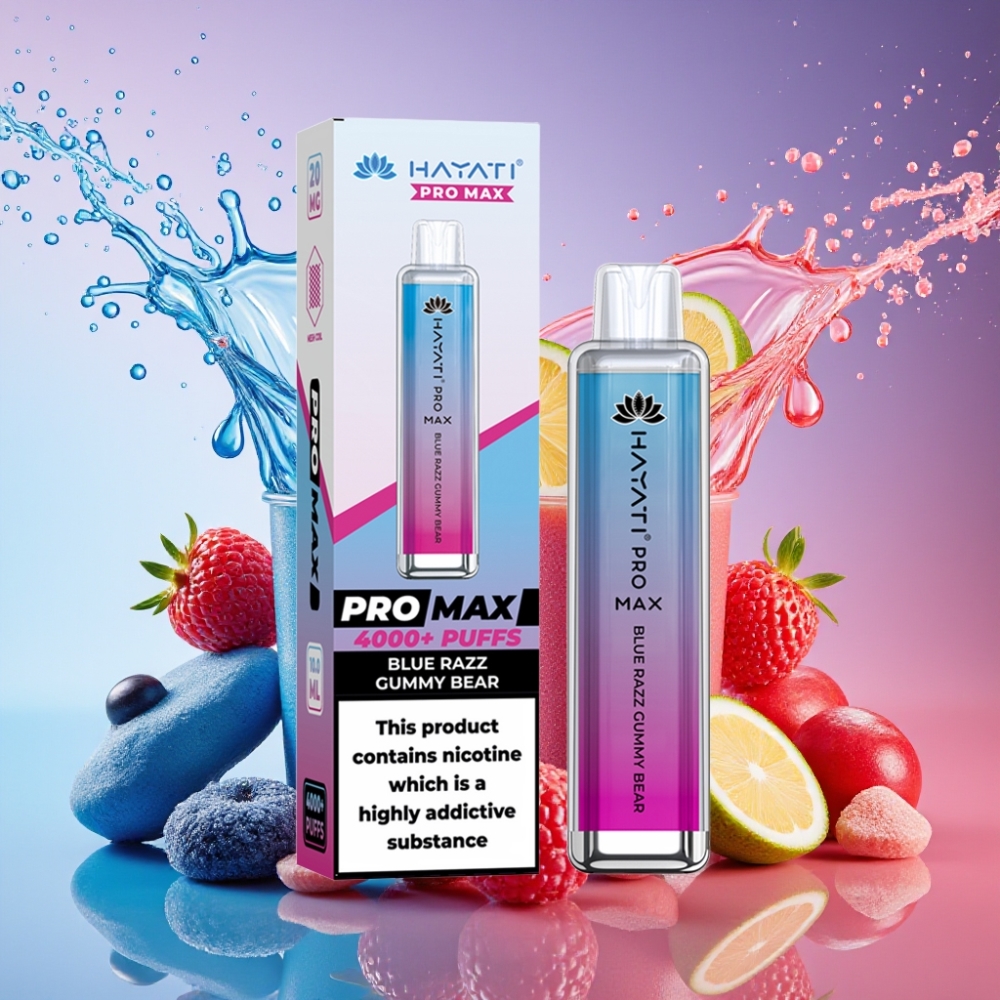 Hayati Pro Max 4000 Puffs Engangs Vape Blå Hindbær Gummibjørn 2%/5% Nicotin 1400mAh Opladningsbar LED Lys TPD-Kompatibel Engros Danmark