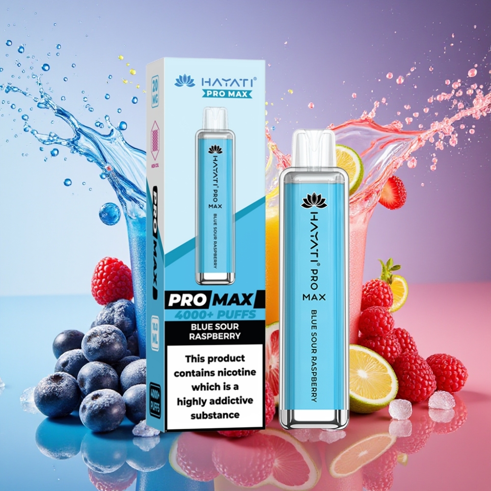 Hayati Pro Max 4000 Puffs Engangs Vape Blå Sur Hindbær 2% 5% Nikotin 1400mAh Batteri 2ml Tank 10ml Auto Refill TPD-Kompatibel Engros Danmark
