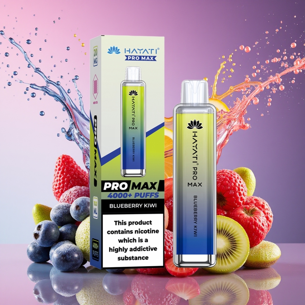Hayati Pro Max 4000 Puffs Engangs Vape Blåbær Kiwi 2%/5% Nicotin 1400mAh Opladningsbar Batteri 2ml Tank Med 10ml Auto Efterfyldning Engros Danmark