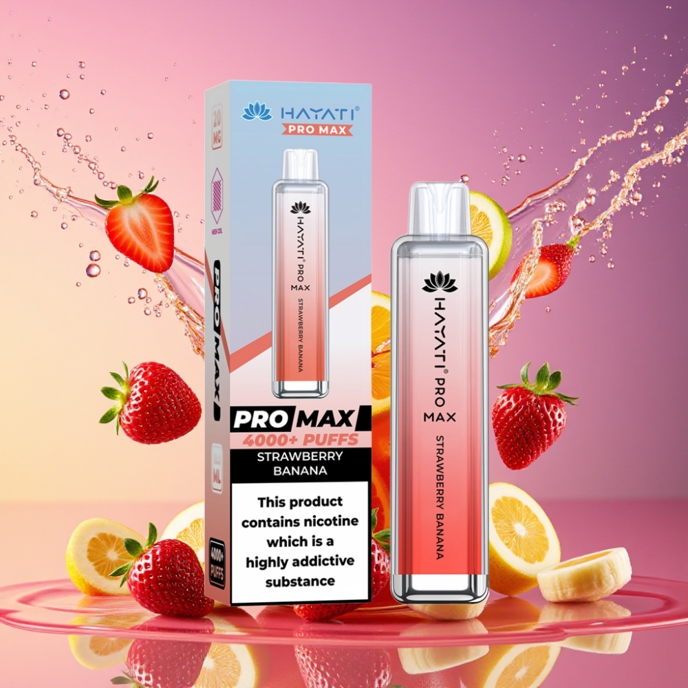 Hayati Pro Max 4000 Puffs Engangs Vape Jordbær Banan 28 28 120mm 2% 5% Nicotin 1400mAh 2ml 10ml TPD-Compliance Engros Danmark