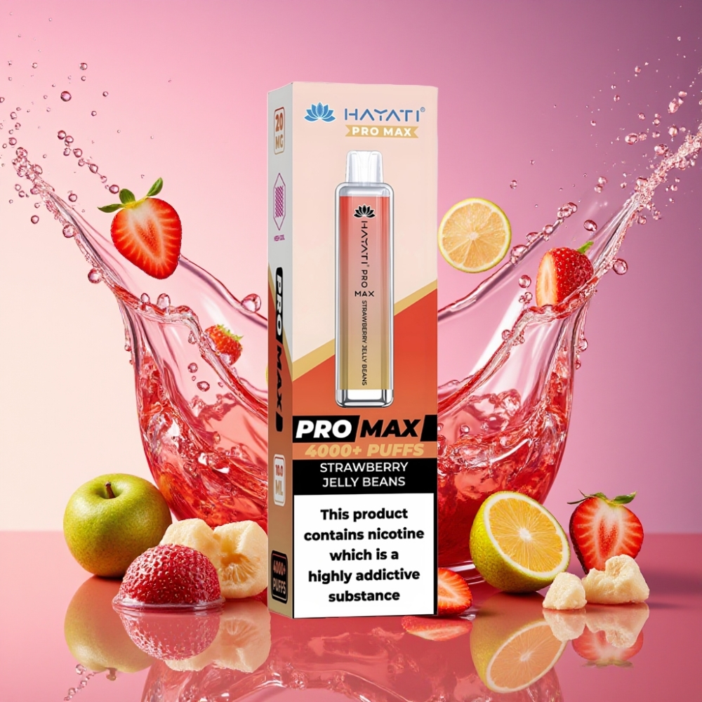 Hayati Pro Max 4000 Puffs Engangs Vape Jordbær Gelé Bønner 2ml/10ml 1400mAh 2%/5% Nikotin Dual 1.1 Ohm Mesh Coil TPD-Compliant Engros Danmark