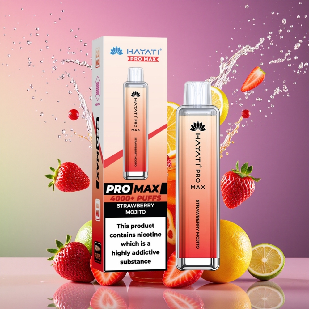 Hayati Pro Max 4000 Puffs Engangs Vape Jordbær Mojito 28 28 120mm 2%/5% Nikotin Opladningsbar 1400mAh Batteri LED Lys TPD-Kompatibel Engros Danmark