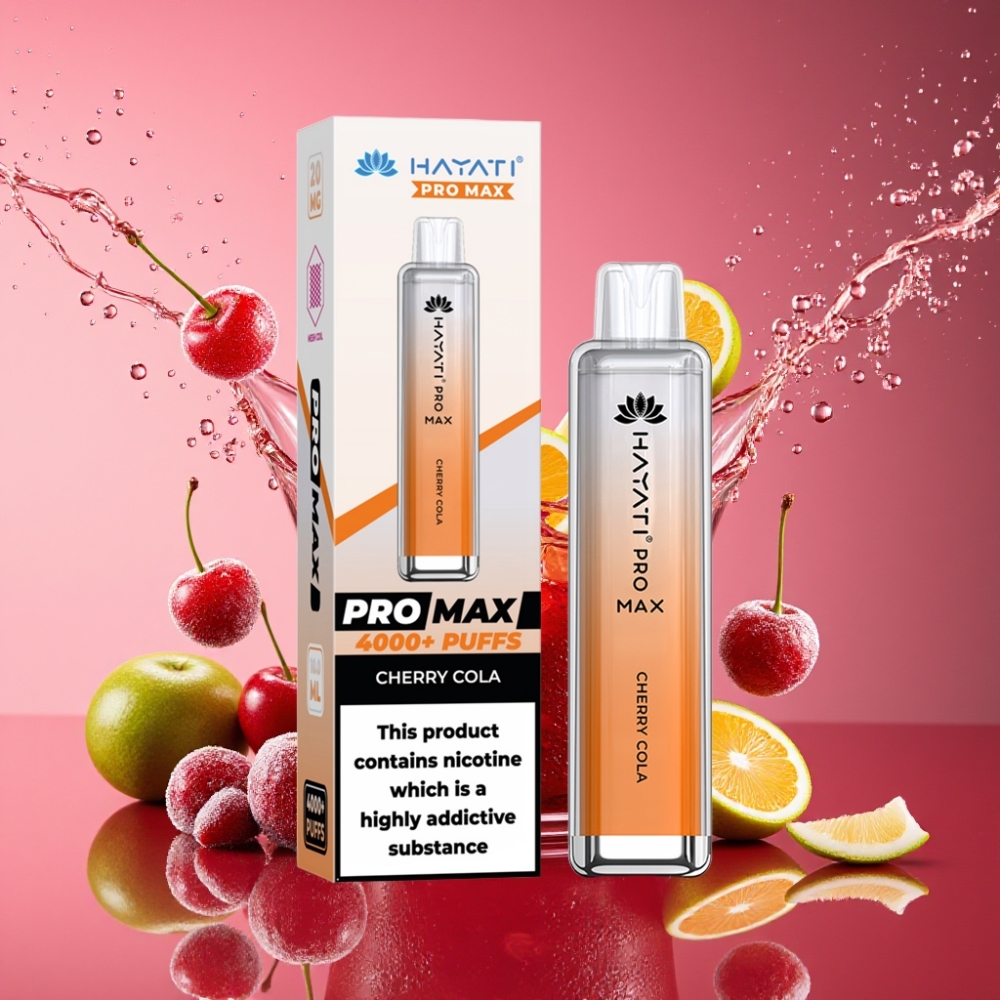 Hayati Pro Max 4000 Puffs Engangs Vape Kirsebær Cola 2% 5% Nicotin 1400mAh 2ml Tank 10ml Auto Genopfyldning TPD-Compliant Engros Danmark