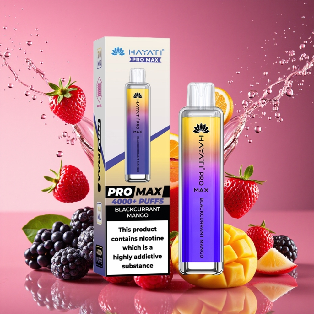Hayati Pro Max 4000 Puffs Engangs Vape Solbær Mango 2%/5% Nikotin 1400mAh Opladningsbar LED Lys TPD-Kompatibel Engros Danmark