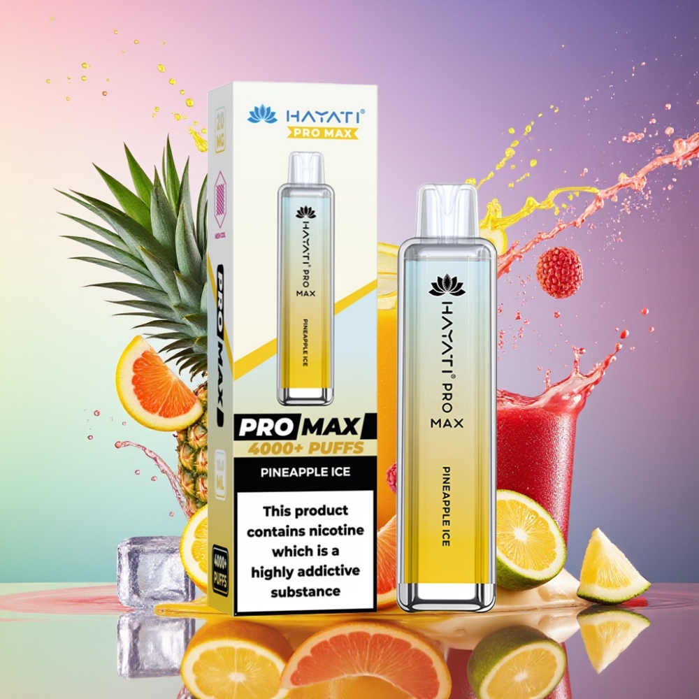 Hayati Pro Max 4000 Pust Ananas Is 28 28 120mm 2%/5% Nikotin 1400mAh 2ml/10ml TPD-Compliance Engros Danmark