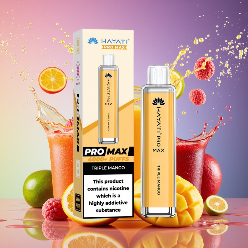 Hayati Pro Max 4000 Pust Engangs Vape Tredobbelt Mango 2%/5% Nikotin 1400mAh Opladningsbar LED TPD-Compliance Engros Danmark