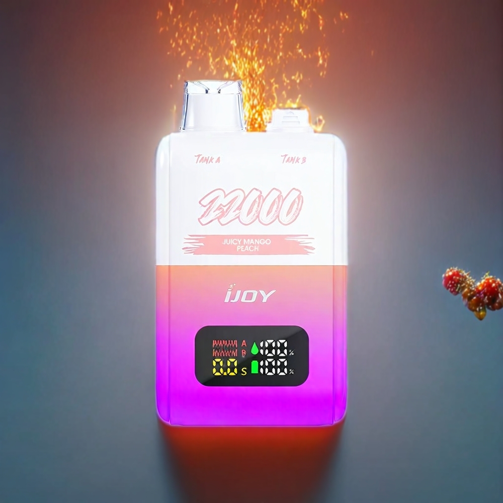 IJOY SD 22000 Pust Bærbar Vape Saftig Mango Fersken 25.0mm x 53.0mm x 93.8mm 650 mAh 15W PC+TPU 0.8 Ohm Mesh Coil 15ML + 15ML 50mg Type-C Charging Engros Danmark