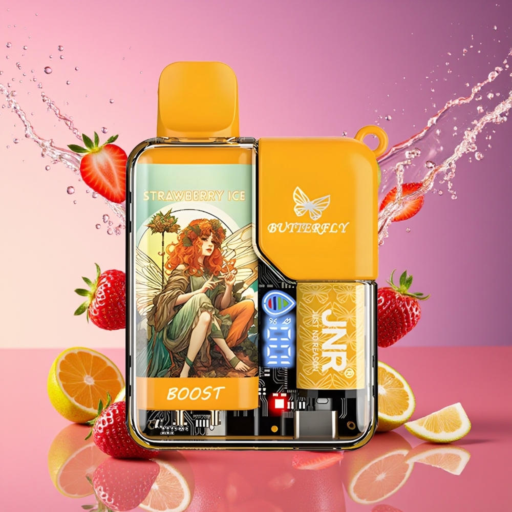JNR Butterfly 8500 Puffs Engangs Vape Jordbær Is 1200mAh 15ml 1.0ohm Mesh Digital Display Transparent Krop Med Bånddesign Engros Danmark