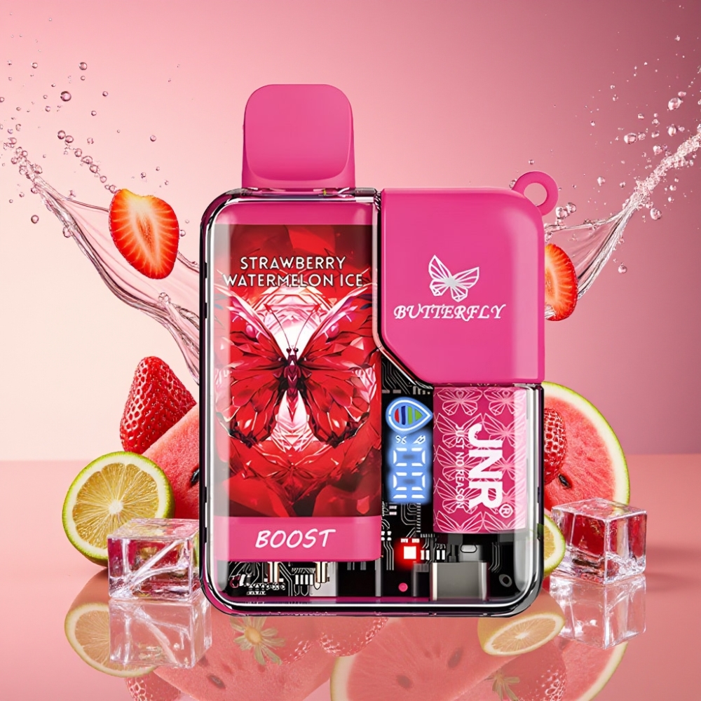 JNR Butterfly 8500 Puffs Engangs Vape Jordbær Vandmelon Is 1200mAh 15ml 1.0ohm Mesh Digital Display Draw-Activated Transparent Krop Med Bånddesign 0%/2%/5% Nicotin Engros Danmark