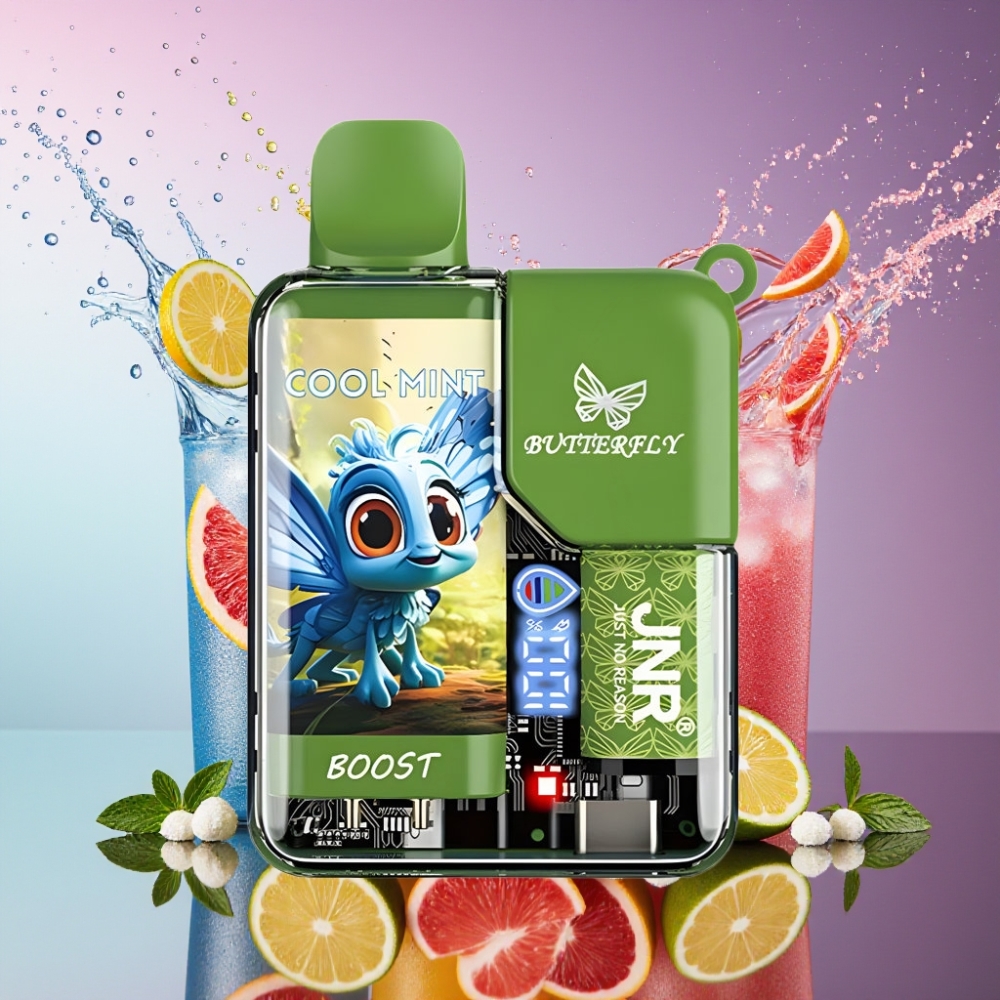 JNR Butterfly 8500 Puffs Engangs Vape Kølig Mynte 1200mAh 15ml 1.0ohm Mesh Digital Display Draw-Activated Transparent Body Med Bånddesign 0% 2% 5% Nicotine Engros Danmark