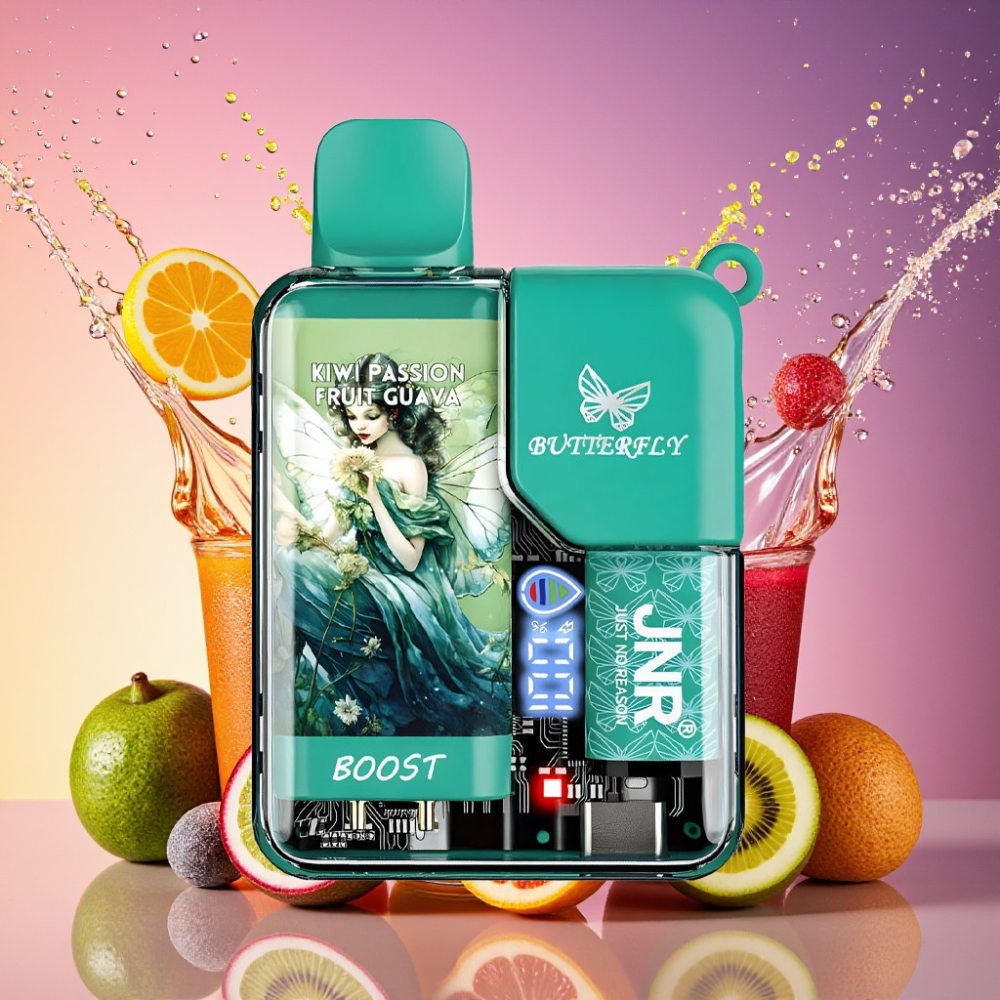 JNR Butterfly 8500 Puffs Engangs Vape Kiwi Passionsfrugt Guava 1200mAh 15ml 1.0ohm Mesh Digital Display Draw-Activated Transparent Krop Med Bånddesign Nicotinindhold 0%,2%,5% Engros Danmark