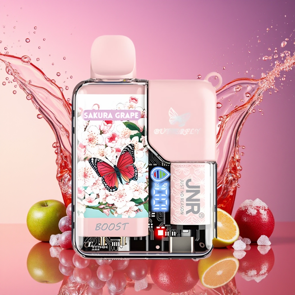 JNR Butterfly 8500 Puffs Engangs Vape Sakura Drue 1200mAh 15ml 1.0ohm Mesh Digital Display Draw-Activated Transparent Krop Med Bånddesign Nicotinindhold 0% 2% 5% Engros Danmark