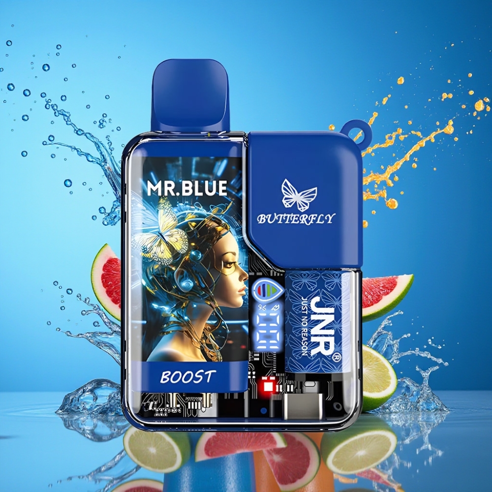 JNR Butterfly 8500 Pust 1200mAh 15ml 1.0ohm Digital Display Transparent Krop Med Bånddesign Mr Blå Engros Danmark