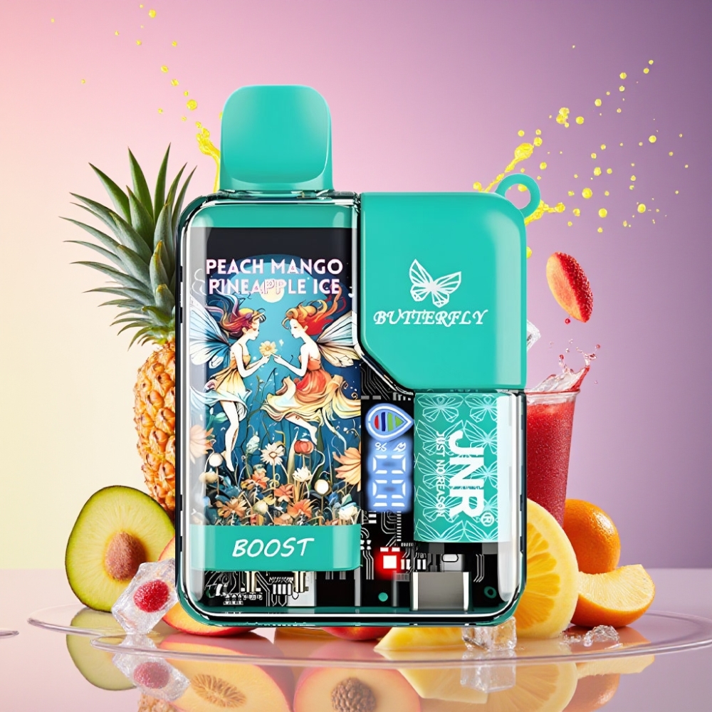 JNR Butterfly 8500 Pust E-læskedåse Fersken Mango Ananas Is 1200mAh 15ml 1.0ohm Mesh Digital Display Draw-Activated Transparent Krop Med Bånddesign 0%/2%/5% Engros Danmark