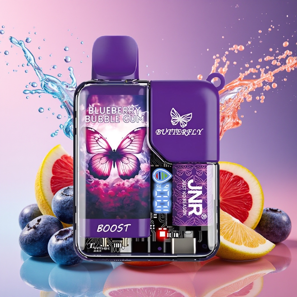 JNR Butterfly 8500 Pust Engangs Vape Blåbobletyggegummi 8500 Pust 1200mAh 15ml 1.0ohm Mesh Digital Display Draw-Activated Transparent Krop Med Bånddesign Nicotinindhold 0%,2%,5% Engros Danmark