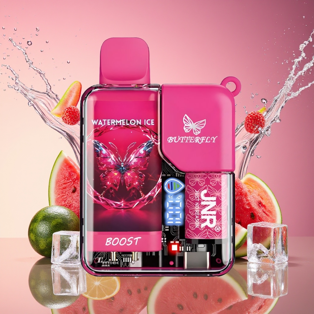 JNR Butterfly 8500 Pust Engangs Vape Vandmelon Is 1200mAh 15ml 1.0ohm Mesh Digital Display Draw-Activated Transparent Krop Med Bånd Design Nikotinindhold 0%,2%,5% Engros Danmark