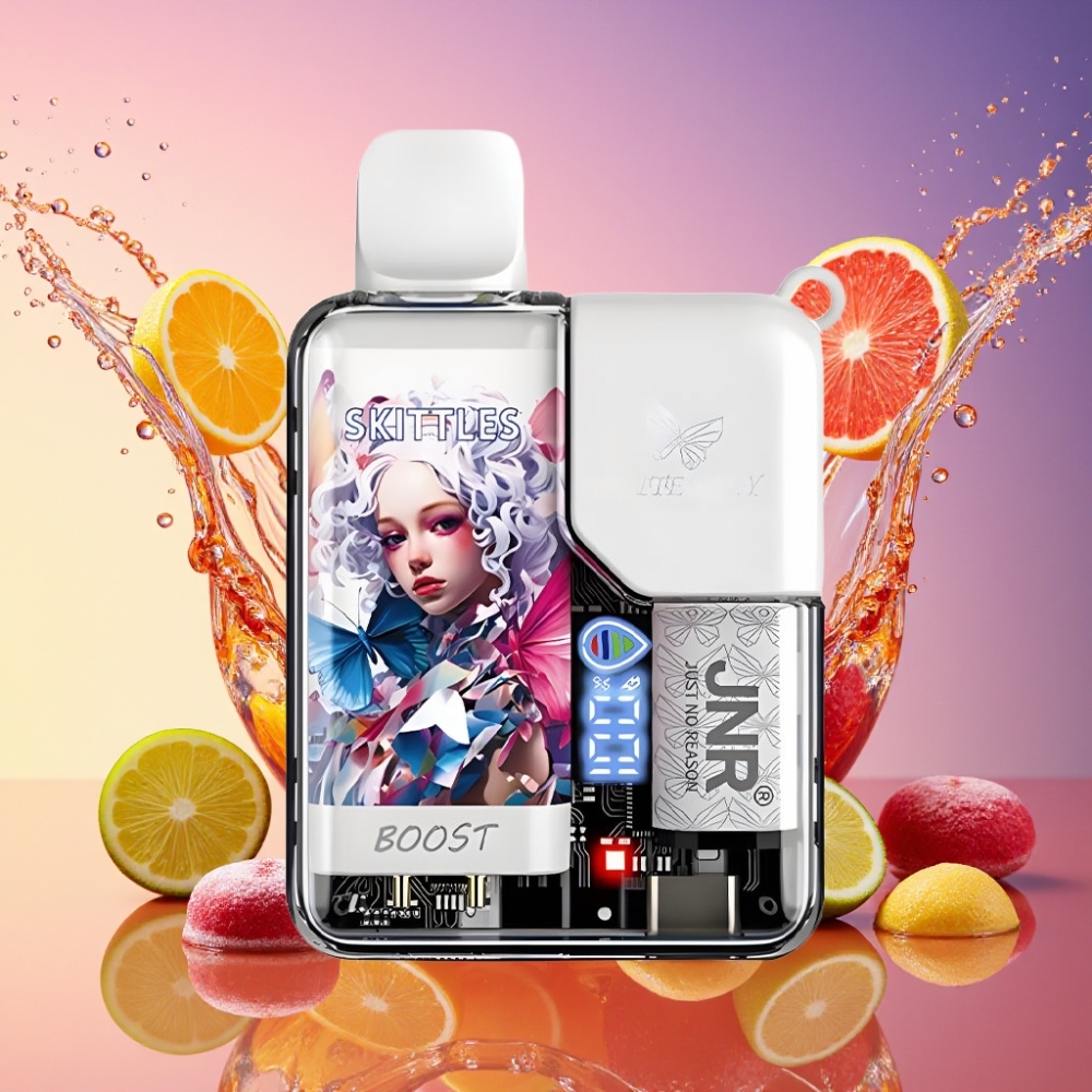 JNR Butterfly 8500 Pust Gennemsigtig Krop Med Bånddesign 1200mAh 15ml 1.0ohm Mesh Digital Display Draw-Activated 0% 2% 5% Nicotin Engros Danmark