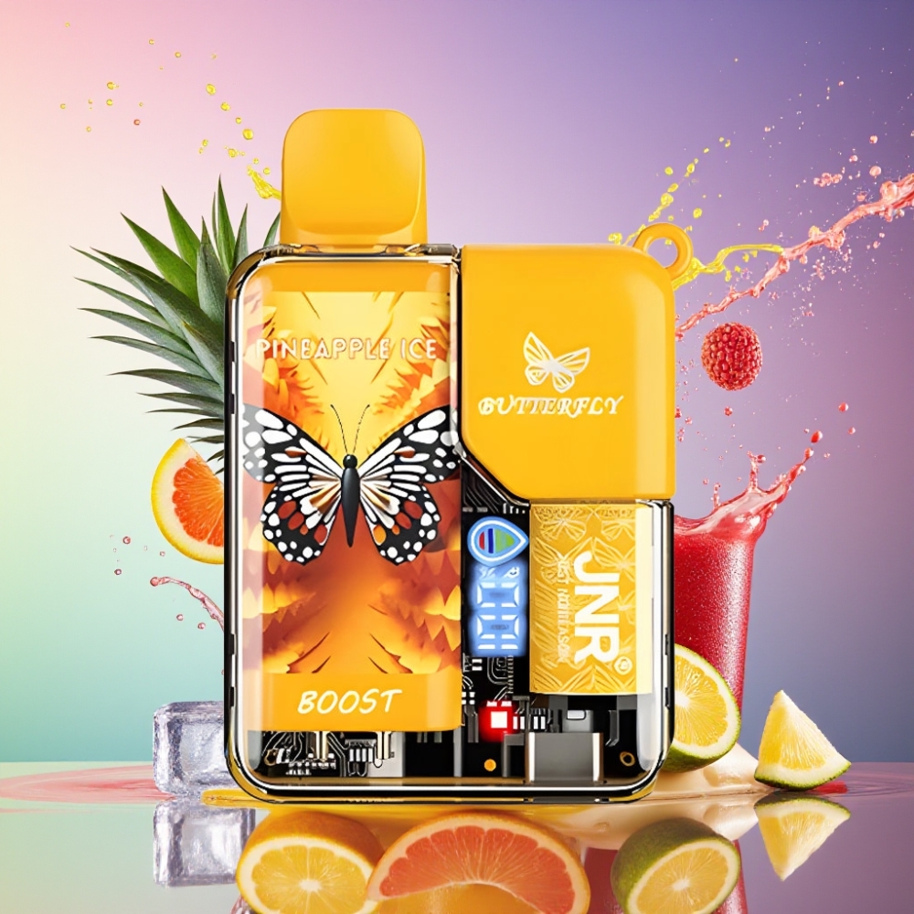 JNR Butterfly 8500 Pust Gennemsigtig Krop Med Bånddesign Ananas Is 8500 Pust 1200mAh 15ml 1.0ohm Digital Display Draw-Activated Engros Danmark