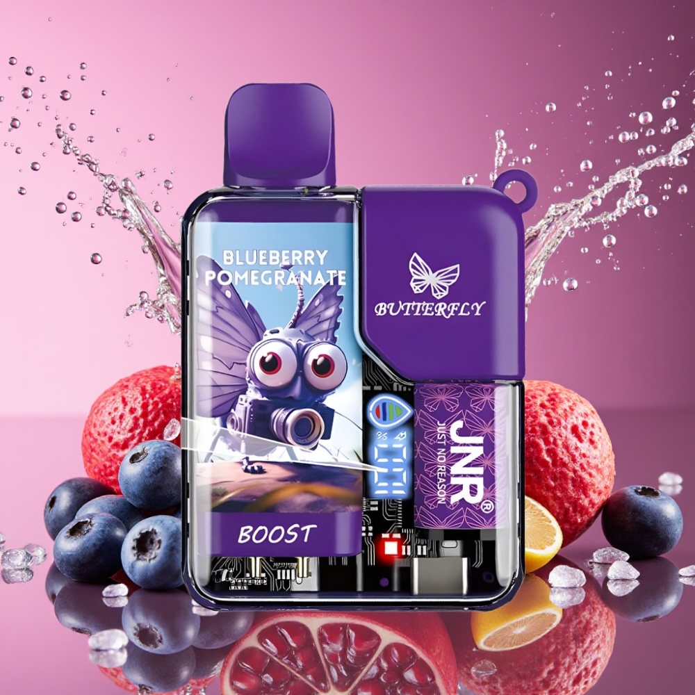 JNR Butterfly 8500 Pust Gennemsigtig Krop Med Bånddesign Blåbær Granatæble 1200mAh 15ml 1.0ohm Mesh Digital Display Draw-Activated Engros Danmark