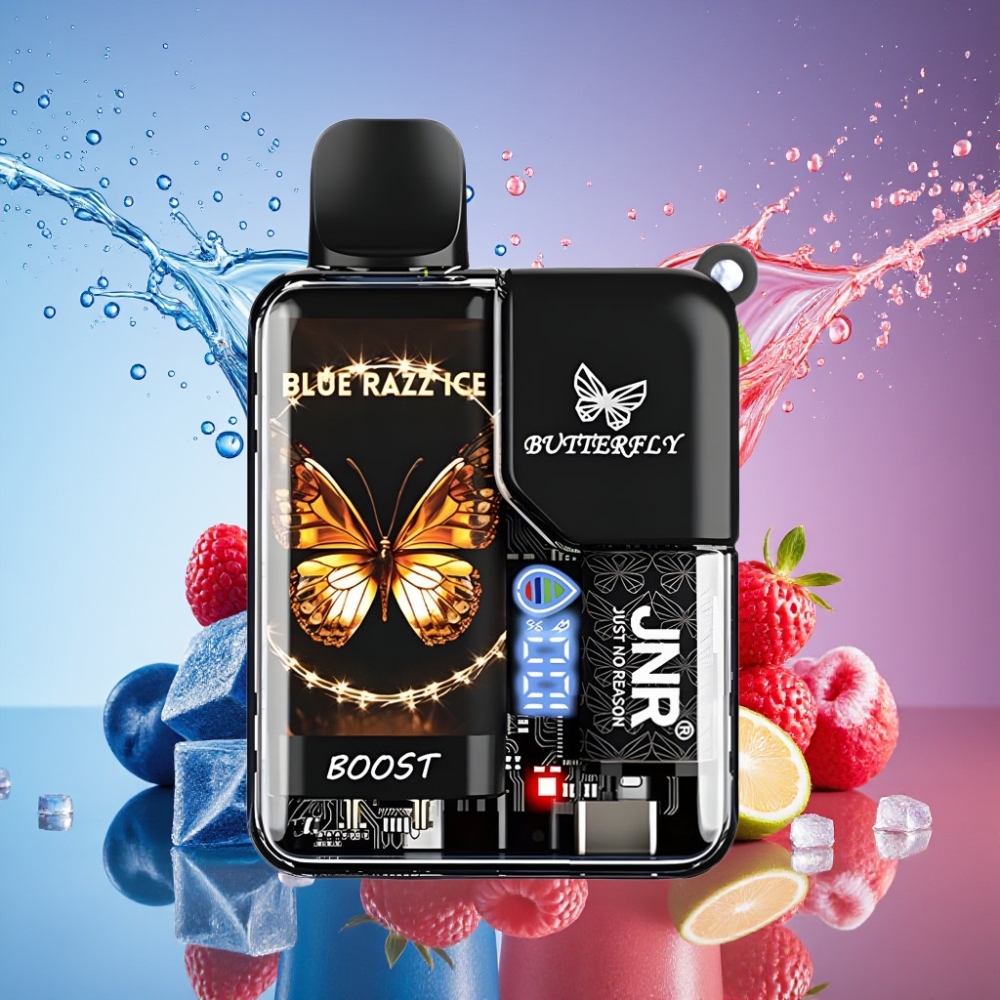 JNR Butterfly 8500 Pust Gennemsigtig Krop med Bånddesign Blå Hindbær Is 8500 Pust/1200mAh/15ml/1.0ohm Mesh/ Digital Display/Draw-Activated Firing System/0%,2%,5% Nicotin Engros Danmark