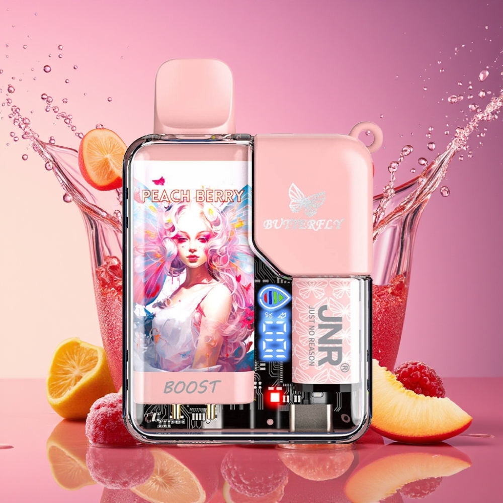 JNR Butterfly 8500 Pust Gennemsigtig Krop med Bånddesign Fersken Bær 1200mAh 15ml 1.0ohm Mesh Digital Display Draw-Activated 0%/2%/5% Nicotin Engros Danmark