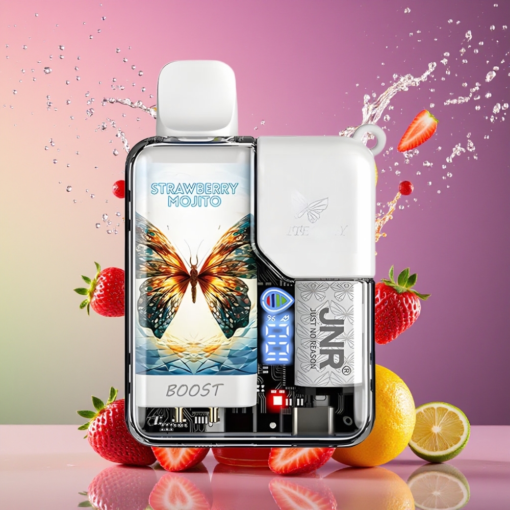 JNR Butterfly 8500 Pust Gennemsigtig Kropsdesign Med Bånddesign Jordbær Mojito 1200mAh 15ml 1.0ohm Mesh Coil Digital Display Draw-Activated Engros Danmark