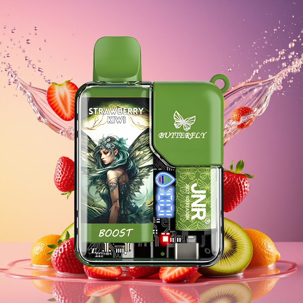 JNR Butterfly 8500 Pust Gennemsigtig Kropsdesign Med Båndmønster Digital Display Jordbær Kiwi 8500 Pust 1200mAh 15ml 1.0ohm Mesh Coil Engros Danmark
