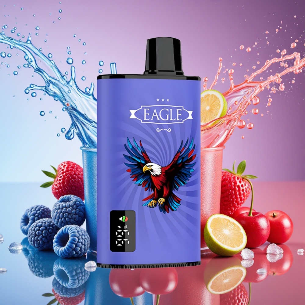 JNR EAGLE Smart 23000 Puffs Digital Skærm 1.0ohm Mesh Coil Justerbar Luftgennemstrømning 750mAh Batterikapacitet Type-C Opladningsport 25ml e-Væskekapacitet Blå Hindbær Kirsebær Engros Danmark