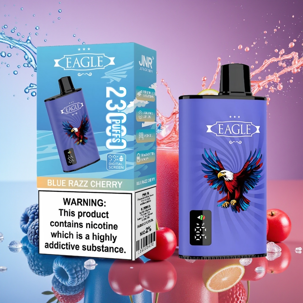 JNR EAGLE Smart 23000 Puffs Digital Skærm 1.0ohm Mesh Coil Justerbar Luftgennemstrømning 750mAh Batterikapacitet Type-C Opladningsport 25ml e-Væskekapacitet Blå Hindbær Kirsebær Engros Danmark