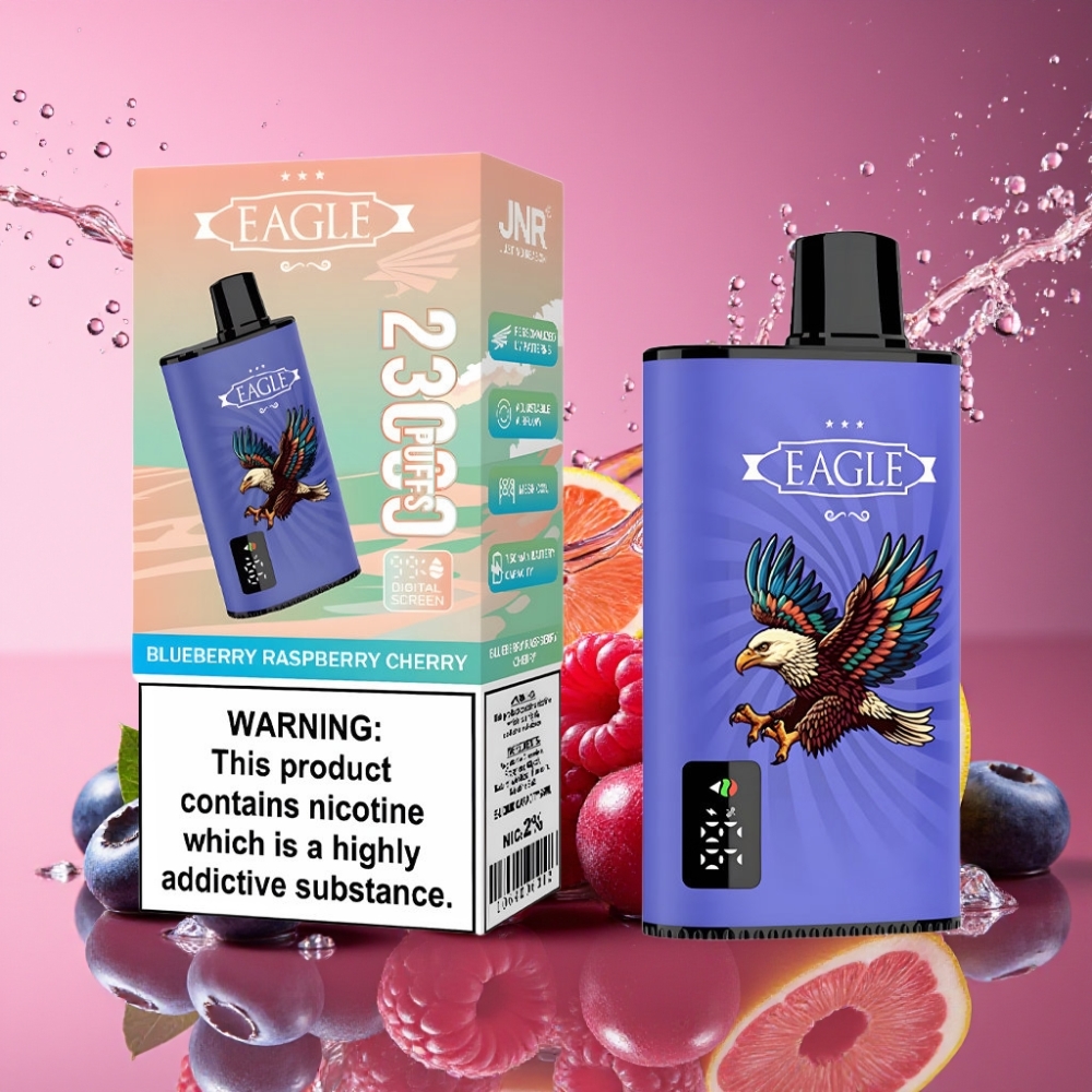 JNR EAGLE Smart 23000 Puffs Digital Skærm 1.0ohm Mesh Coil Justerbar Luftstrøm Blåbær Hindbær Kirsebær 750mAh Type-C 25ml 2% Engros Danmark