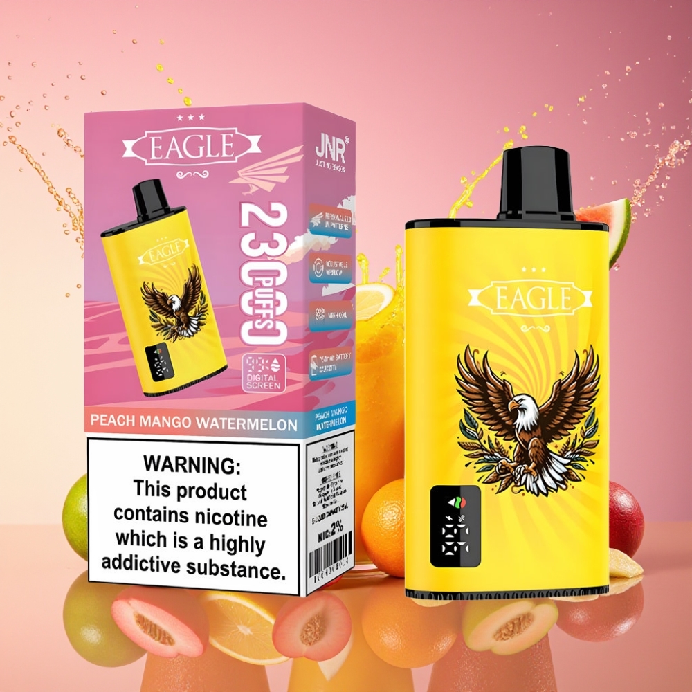 JNR EAGLE Smart 23000 Puffs Engangs Vape Fersken Mango Vandmelon med Digital Skærm, 1.0ohm Mesh Coil, Justerbar Luftflow, 750mAh Batteri, Type-C Opladning, 25ml e-Væske, 2% Nikotin Engros Danmark