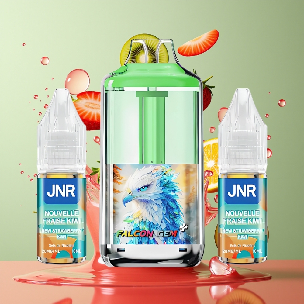 JNR Falcon GEM⁺ 30000 Puffs Synlig E-liquid Tank Top Refill Design 950mAh Batteri Dual Mesh Coil Ny Jordbær Kiwi 48.5 26 106 mm 20 mg/ml Nicotin Styrke 2 10ml Flasker E-liquid Engros Danmark