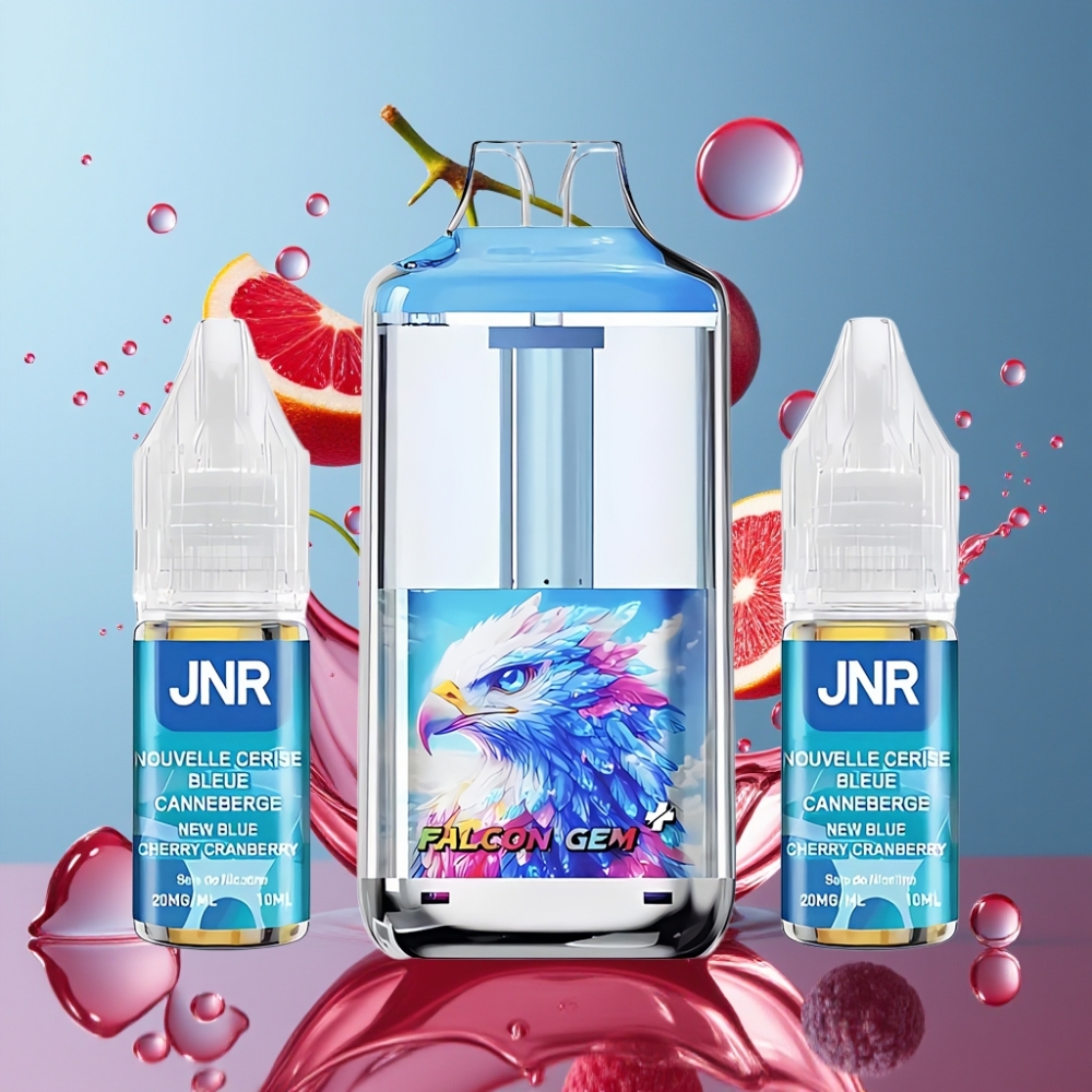 JNR Falcon GEM⁺ 30000 Pust Synlig E-væske Tank Topfyldning Design 2 10ml Flasker E-væske 950mAh Batteri Kapacitet Dual Mesh Coil Blå Kirsebær Tranebær Engros Danmark