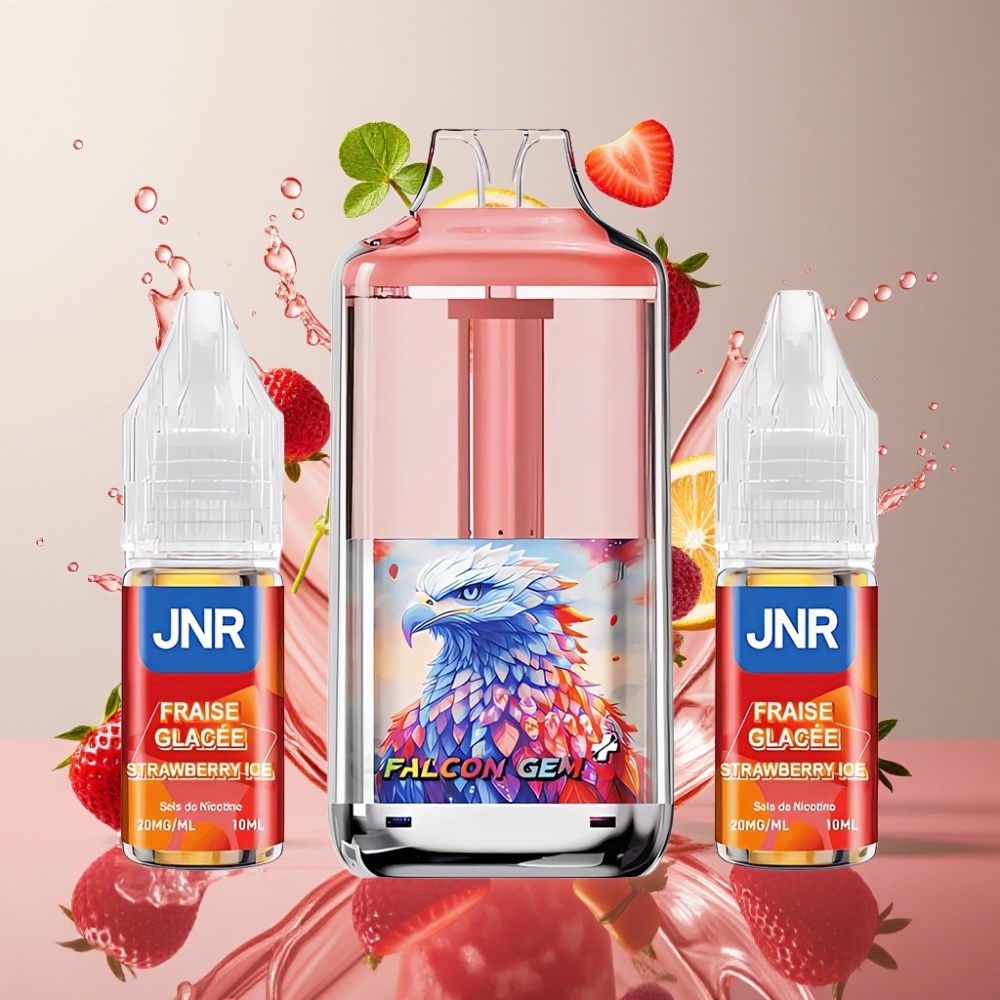 JNR Falcon GEM⁺ 30000 Pust Synlig E-væske Tank Topfyldning Design 2 10ml Flasker E-væske 950mAh Batteri Kapacitet Dual Mesh Coil Jordbær Is Engros Danmark
