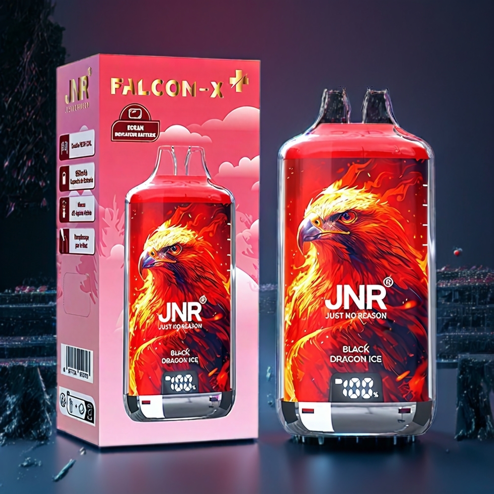 JNR Falken X⁺ 28000 Pust Sort Drage Is 1.2Ω Dual Mesh Coil 950mAh 2 10ml Type-C Parameter Kombination Engros Danmark