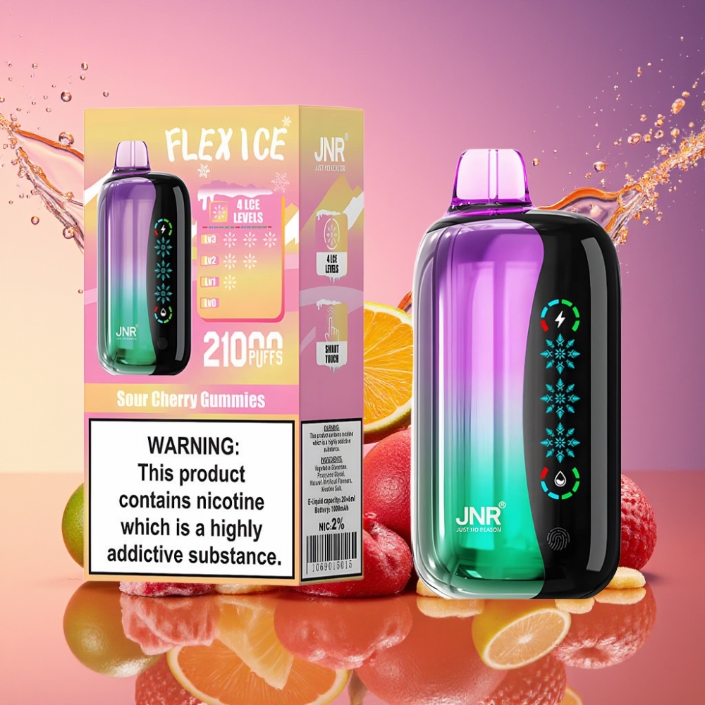 JNR Flex Ice 21000 Puffs Engangs Vape Sure Kirsebær Gummies Justerbar Luftventil Touch Skærm 1.2 Ohm Dual Mesh Type-C 1000mAh Engros Danmark