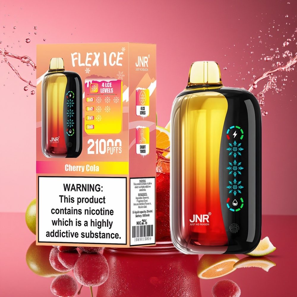 JNR Flex Ice 21000 Pust Engangs Vape Kirsebær Cola Is Justerbar 26ml E-væske Tilpasselig Luftflow Touchskærm 1.2 Ohm Dual Mesh 1000mAh Batterikapacitet Type-C Opladning Nikotinindhold 0%,2%,3%,5% Engr