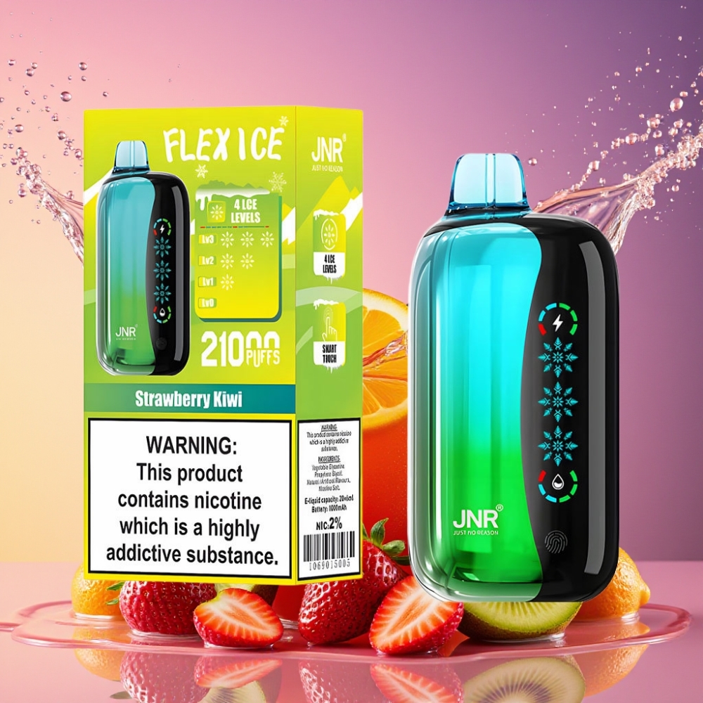 JNR Flex Ice 21000 Pust Justerbar Is 26ml E-væske Tilpasselig Luftflow Touch Skærm 1.2 Ohm Dual Mesh 1000mAh Batteri Type-C Opladning Nikotinindhold 0%,2%,3%,5% Jordbær Kiwi Engros Danmark