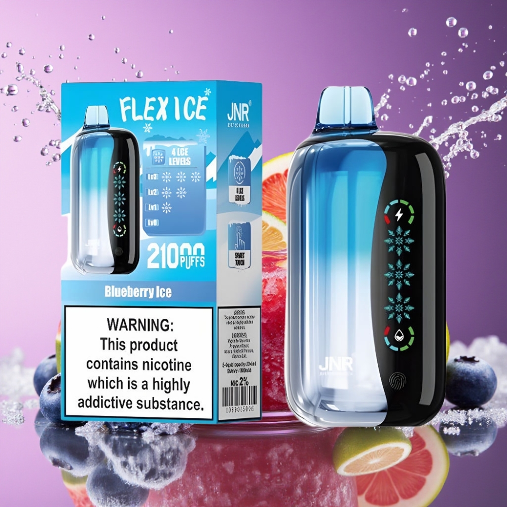 JNR Flex Ice 21000 Pust Justerbar Is 26ml Tilpasselig Luftflow Touch Skærm 1.2 Ohm Dual Mesh 1000mAh Type-C Ladning Nikotinholdighed 0%,2%,3%,5% Blåbær Is Engros Danmark