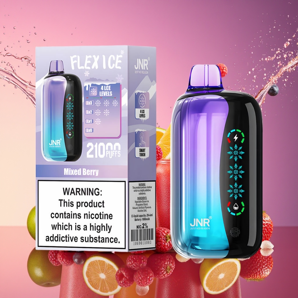 JNR Flex Ice 21000 Pust Justerbar Is 26ml Tilpasselig Luftstrøm Berøringsskærm 1.2 Ohm Dual Mesh 1000mAh Type-C 0%,2%,3%,5% Engros Danmark
