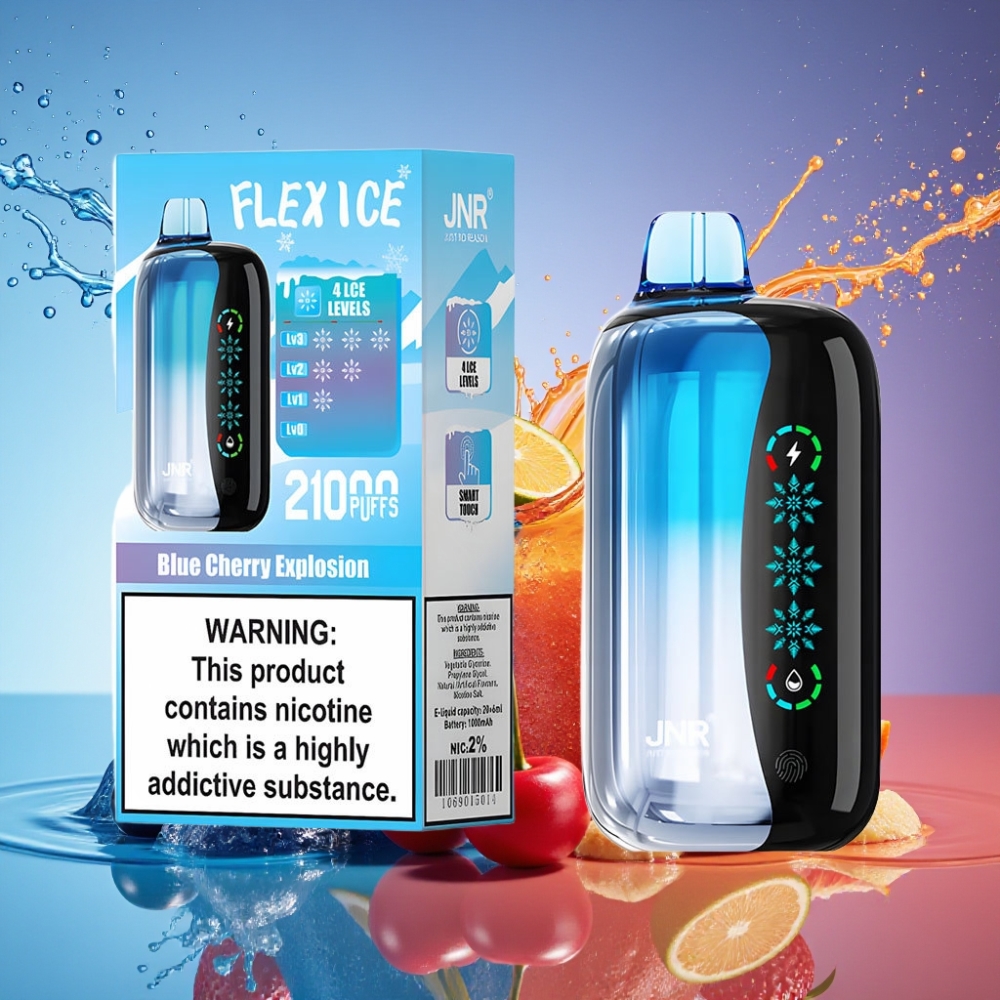 JNR Flex Ice 21000 Pust Justerbar Is Blå Kirsebær Eksplosion 26ml E-liquid Tilpasselig Luftflow Touch Screen 1.2 Ohm Dual Mesh 1000mAh Type-C Opladning Nikotinindhold 0%,2%,3%,5% Engros Danmark