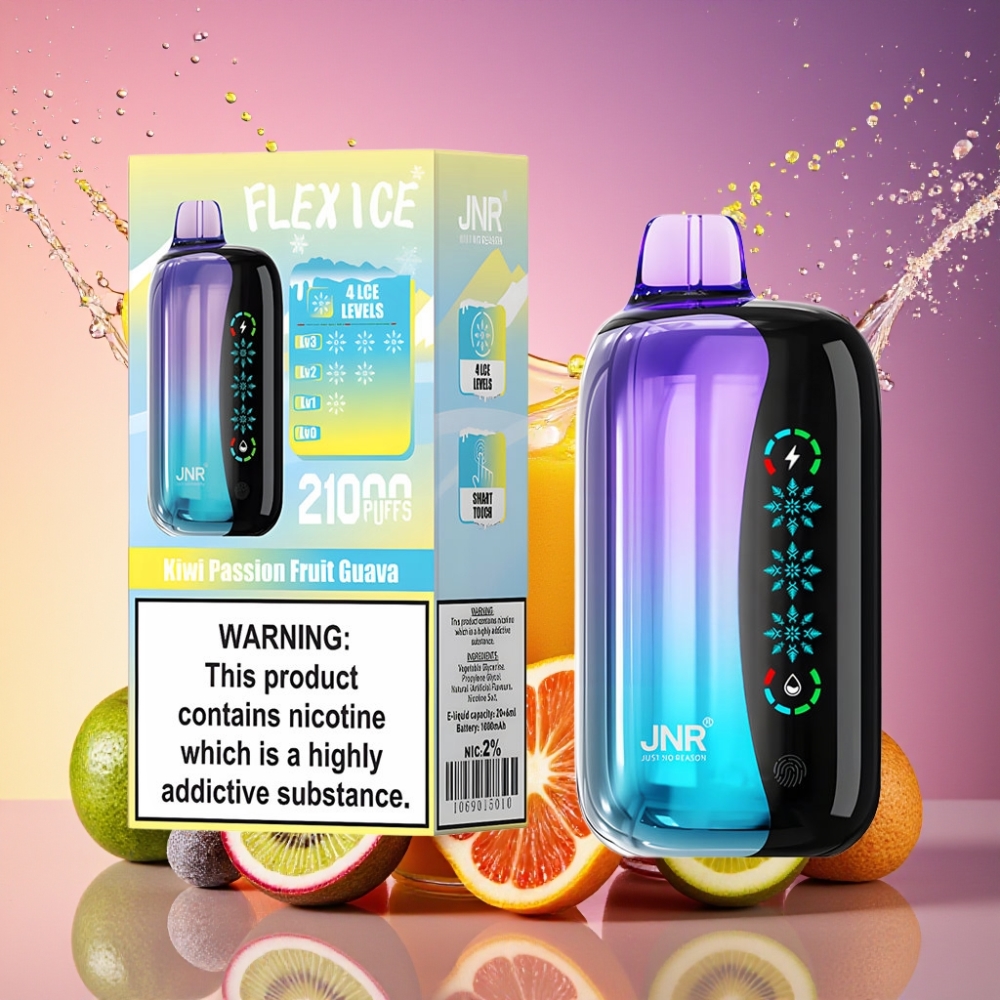 JNR Flex Ice 21000 Pust Justerbar Is Kiwi Passionsfrugt Guava 26ml 1.2 Ohm Dual Mesh 1000mAh Type-C 0%,2%,3%,5% Engros Danmark