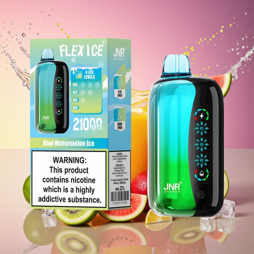 JNR Flex Ice 21000 Pust Justerbar Is Kiwi Vandmelon Is 26ml Tilpasselig Luftflow Berøringsskærm 1,2 Ohm Dual Mesh 1000mAh Type-C 0%,2%,3%,5% Engros Danmark
