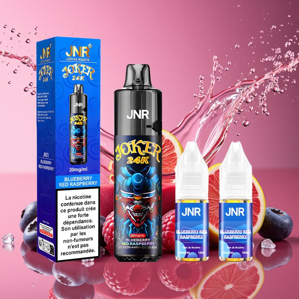 JNR Joker 24000 Puffs Engangs Vape Blåbær Rød Hindbær 2+10ml Refillable Pod Synlig E-væske Niveau 800mAh Batteri Type-C Opladning 2% Nikotin Indhold Engros Danmark