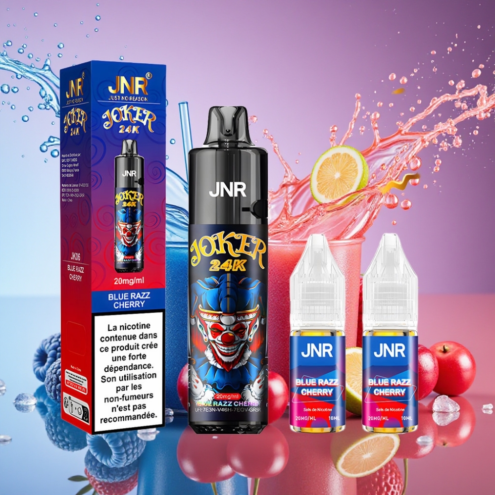 JNR Joker 24000 Puffs Genanvendelig Vape Blå Hindbær Kirsebær 2+10ml Ombættelig Pod Synlig E-væske Niveau 800mAh Batteri Type-C Opladning 2% Nikotin Indhold Engros Danmark