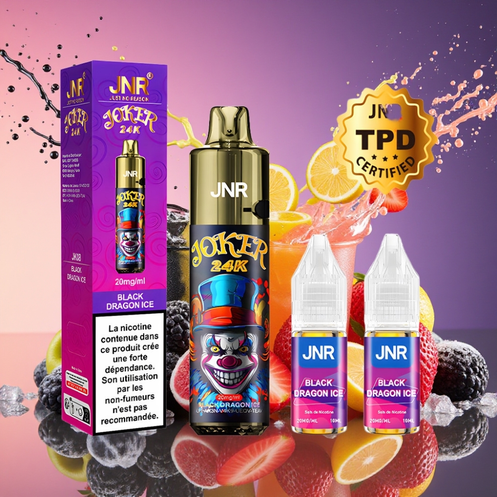 JNR Joker 24000 Puffs Genanvendelig Vape Sort Drage Is 2+10ml Opsamlingsdesign Synlig E-væske Niveau 800mAh Batteri Farverigt Åndedrætslys Type-C Opladning 2% Nikotinindhold Engros Danmark
