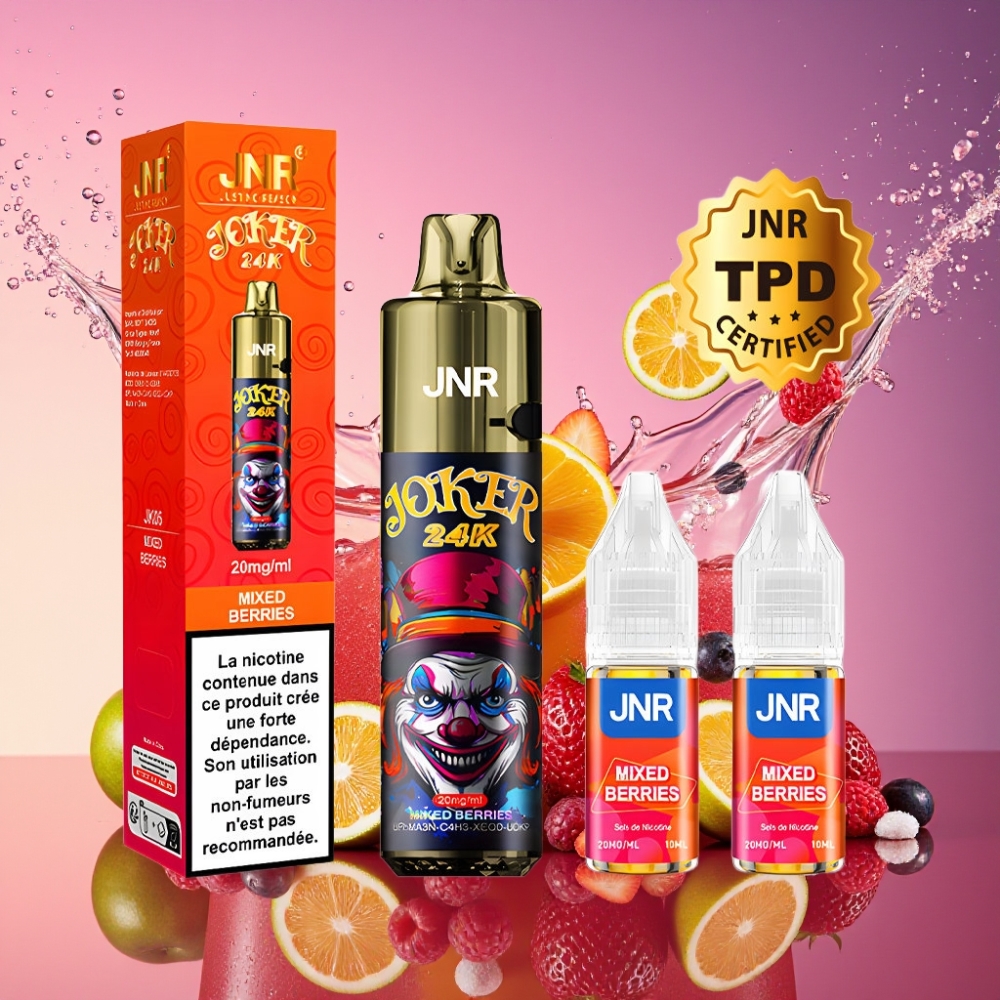 JNR Joker 24000 Puffs Genopfyldelig Vape Blandede Bær 2+10ml Genopfyldelig Pod Synlig E-væske Niveau 800mAh Batteri Type-C Opladning 2% Nikotin Engros Danmark